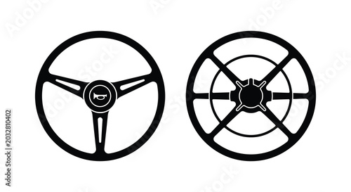 Two automotive steering wheels depicted as black silhouettes against a white background silhouette wheel automobile car