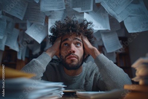 Cinematic portrait of a stressed young man sitting at a desk surrounded by floating paperwork, expressing anxiety, burnout, deadlines and mental overload in a dark indoor environment.