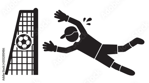 Foto Goalkeeper soccer player silhouette with ball stopping action and goal net icon