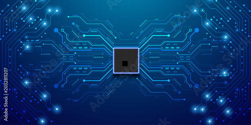 Foto Abstract computer processor chip on blue circuit board background with glowing lines and digital data connections