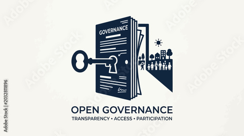 Bild auf Leinwand Open governance concept illustration with a key unlocking a book of laws and community engagement