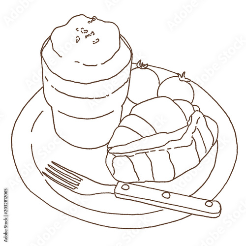 line art, croissant with fork, brunch, coffee