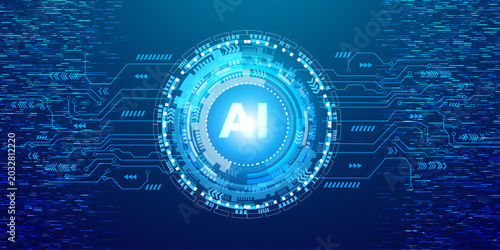Futuristic artificial intelligence interface with glowing circular hud and digital data streams on blue.
