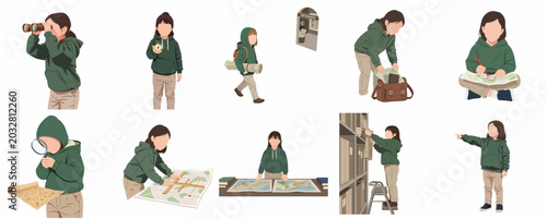 Foto Young Girl Explorer and Cartographer Character Set, Little Kid Navigating with M