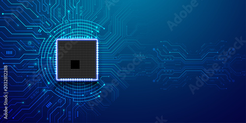 Photos Central processor chip on a blue glowing circuit board background, concept for computing