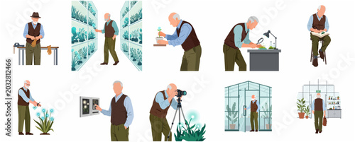 Konstfotografi Flat illustration set of an elderly botanist scientist working with bioluminesce