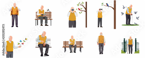 Schilderij op canvas Elderly Man Character Set with Outdoor Hobbies including Birdwatching Photograph