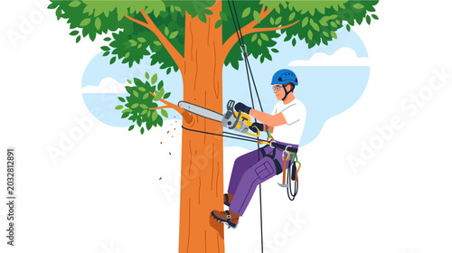 Professional arborist using a chainsaw while suspended in a tree for maintenance.
