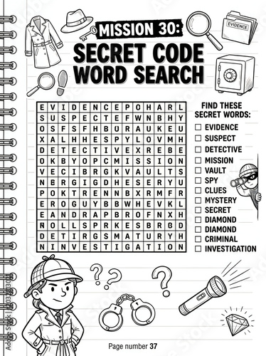 Engaging educational secret code word search puzzle worksheet featuring detective theme with magnifying glass, hat, and handcuffs for children’s mystery activities, black and white line art
