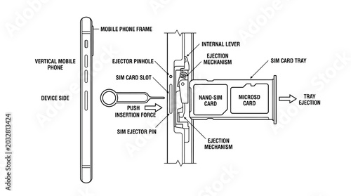 Canvastavla Technical diagram showing the internal mechanism of a mobile phone SIM card tray ejection system