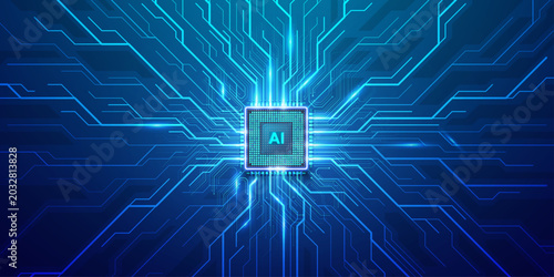 Tableau sur toile Artificial intelligence chip on glowing blue motherboard circuit with high speed data transmission