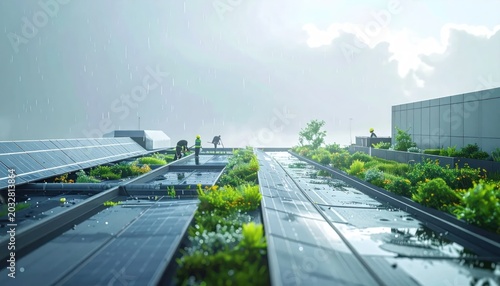 Modern Rooftop Garden with Solar Panels and Lush Greenery.