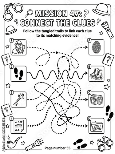 Engaging detective puzzle worksheet for kids featuring clue-matching activities with magnifying glass, fingerprints, and footprints on monochrome background