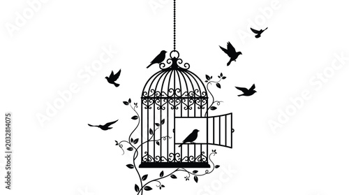 Silhouette of a decorative birdcage with many birds flying free into the open clear sky