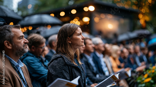 World Environment summit outdoor plenary session disrupted by unexpected downpour, delegates clutching printed agendas while staff rush to cover equipment, umbrellas opening across audience seating,
