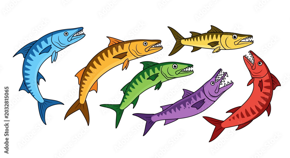 Fototapeta premium Colorful Barracuda Fish School Swimming Underwater, Vibrant Marine Life