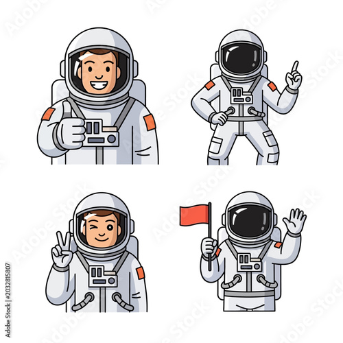 Astronauts Poses Set: Thumbs Up, Victory Sign, Pointing Up, Waving Flag