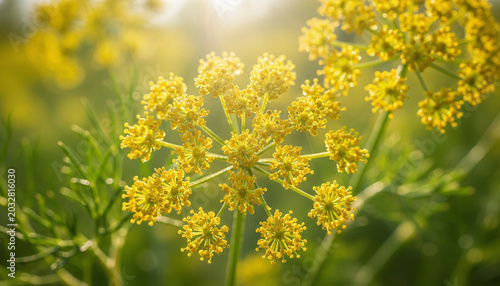 Wild fennel pollen microscopic yellow flowers macro with golden dust