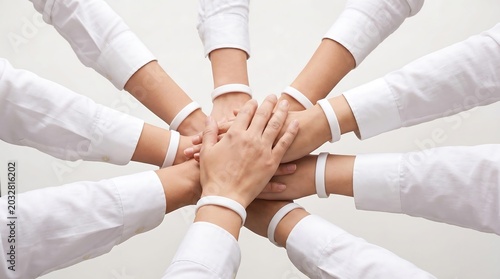 Hands stacked together in a circle representing teamwork and collaboration, with a light background
