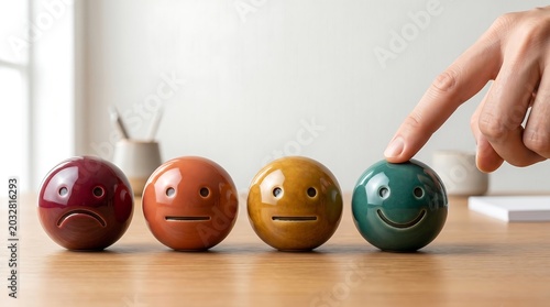 Four spherical face objects with varying expressions are arranged on a wooden surface