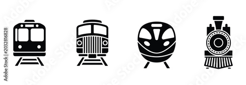 Photos Set of four black silhouette showing different types of trains including a commu