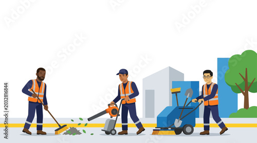 Quadro su tela Three municipal workers in high visibility vests cleaning a city street