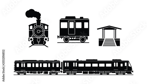 Fotografie Black silhouette of a steam locomotive train car railway station platform and a