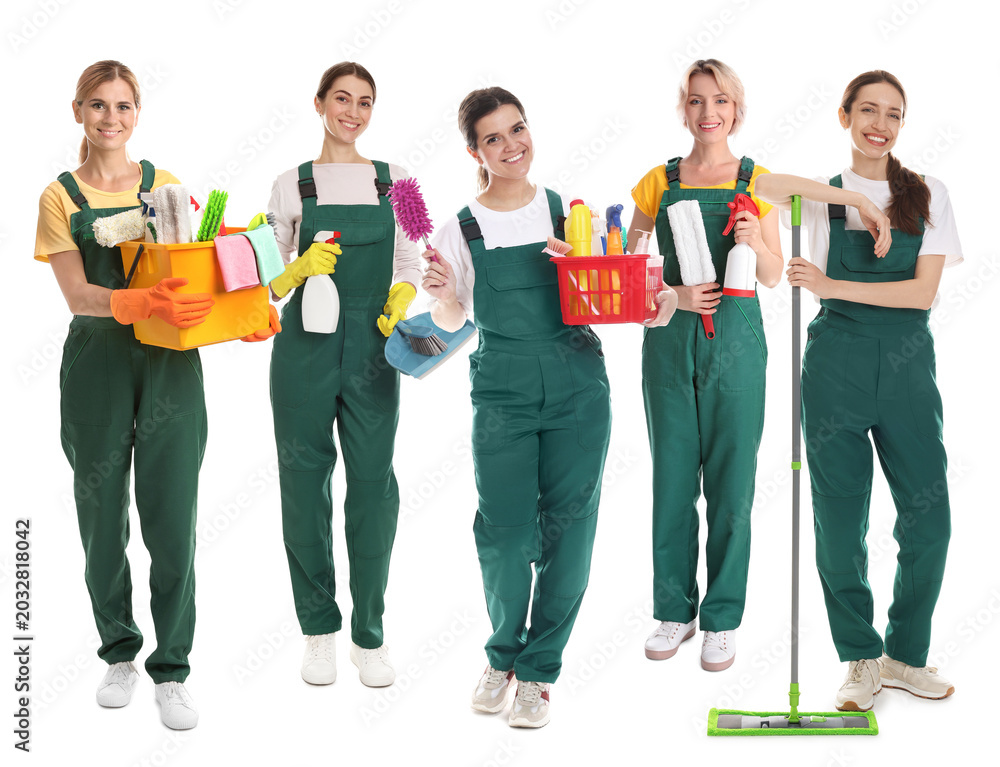Obraz premium Group of cleaning service workers on white background
