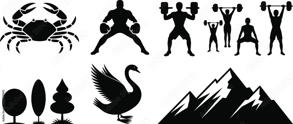 Fototapeta premium Crab, boxer, weightlifting athletes, swan, mountains, and tree silhouettes vector collection for sports and nature design