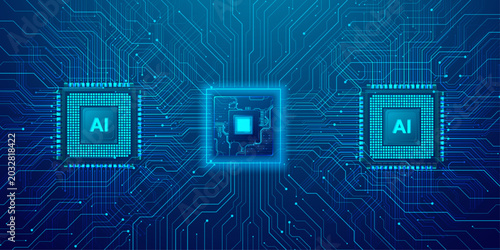 Foto Three artificial intelligence processors with complex interconnected digital circuit boards on dark background