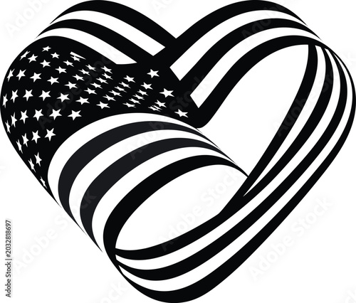 American flag heart shape, patriotic symbol, USA vector icon, black and white illustration