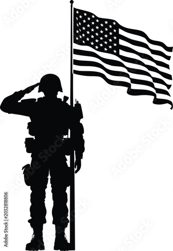Patriotic soldier saluting American flag, USA military symbol, black silhouette, vector illustration, patriotic icon