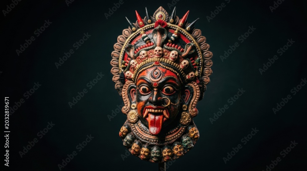 Fototapeta premium Ornamental Hindu Goddess Kali Mask with Fierce Expression and Skulls