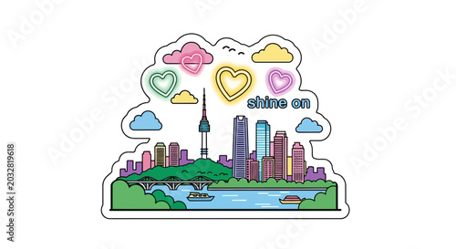 Photography Seoul city skyline illustration with heart clouds and river