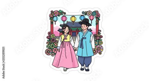 Couple in traditional korean hanbok clothing at temple