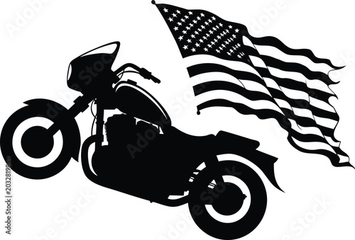 American flag, motorcycle silhouette, patriotic bike decal, black vector icon