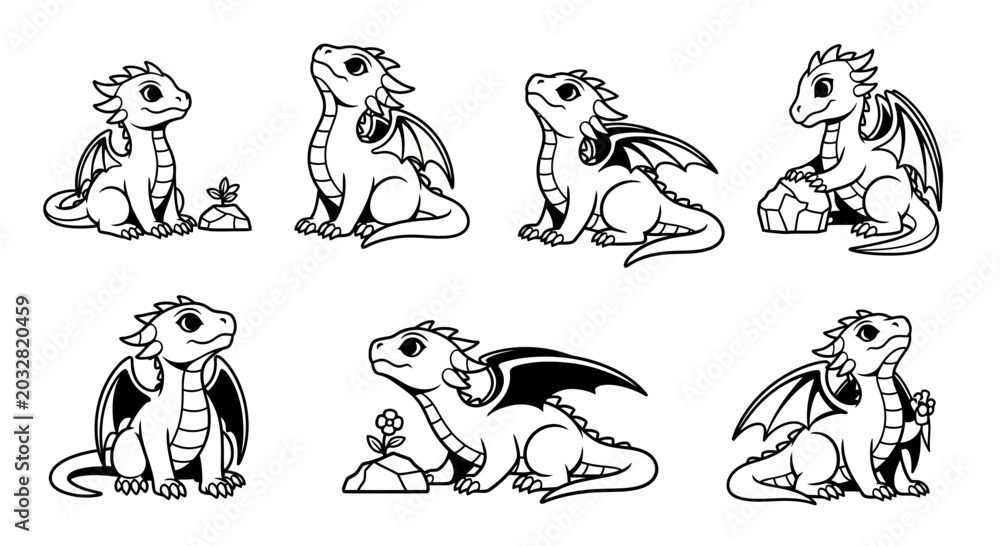Fototapeta premium Cute Baby Dragon Illustrations Set: Fantasy Creature Poses and Elements
