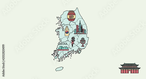 South Korea Map with Cultural Icons and Cityscape Illustrations