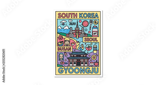 Colorful travel poster of gyeongju city landmarks in korea