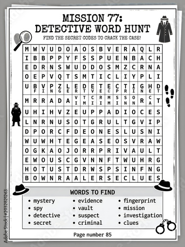 Vintage-style detective word hunt puzzle sheet with spy-themed vocabulary search for mystery enthusiasts, monochrome ink on paper, nostalgic noir aesthetic, educational activity for crime-solving fans