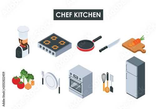 Schilderij op canvas Chef's Kitchen Equipment Collection A Culinary Isometric Icon Set for Food and R