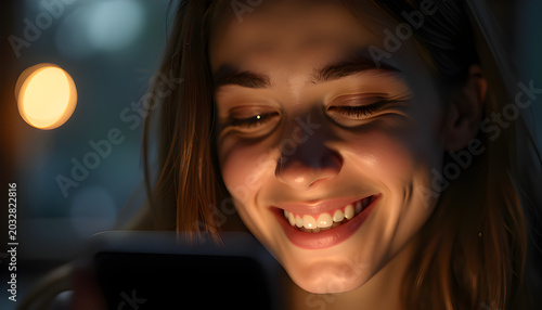 Happy Young Woman Smiling At Illuminated Smartphone Screen Late At Night Indoors