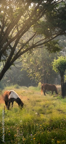 Beautiful brown horses grazing in a green pasture with dramatic natural background and wallpaper