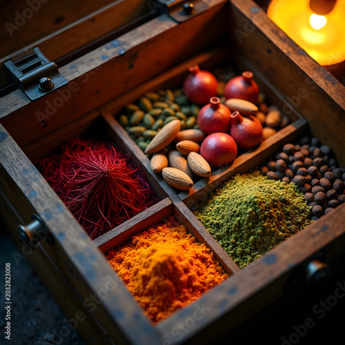 Assortment Of Exotic Spices Seeds And Nuts In Compartmentalized Wooden Box