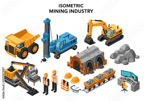Isometric mining industry elements, machinery, and equipment collection with construction and safety gear
