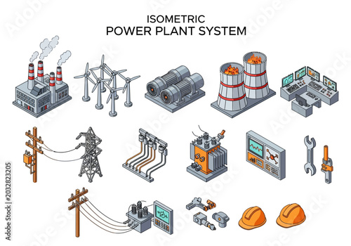 Isometric illustration of a modern power plant and electricity distribution system with turbines, transformers, and control panels