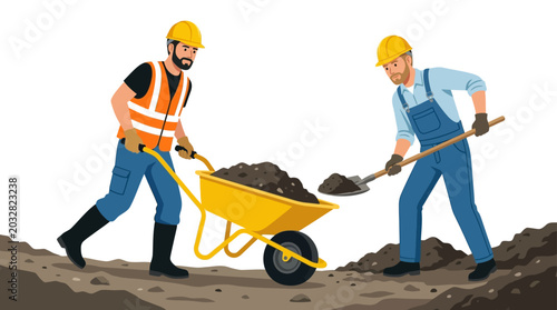 Fényképezés Two construction workers digging and transporting soil with a wheelbarrow