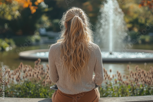 Woman sitting on bench, gazing at fountain.