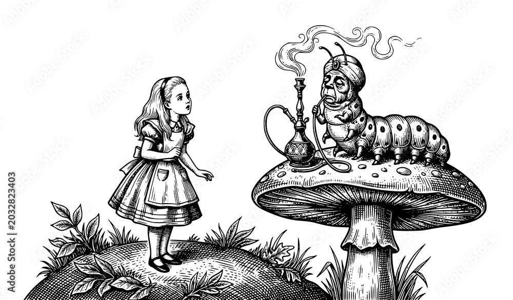 Obraz premium Alice in Wonderland Inspired Fantasy Scene with Caterpillar on Mushroom Illustration