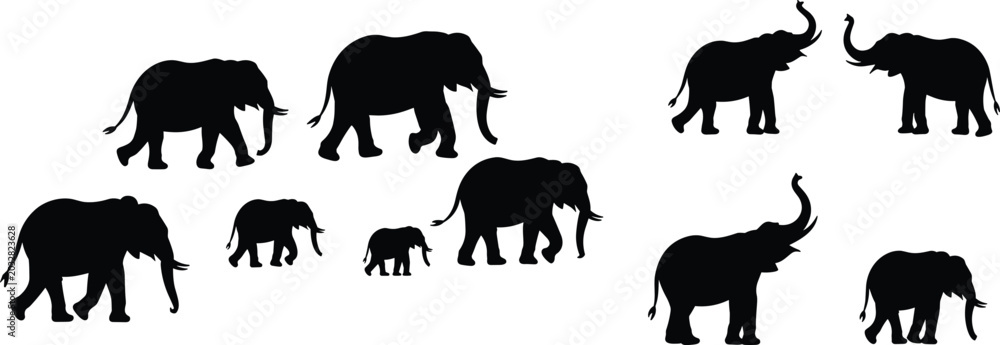 Obraz premium Collection of Elephant Silhouette Vector Illustrations Featuring Walking Standing and Trumpeting Wild Animals Isolated on Background